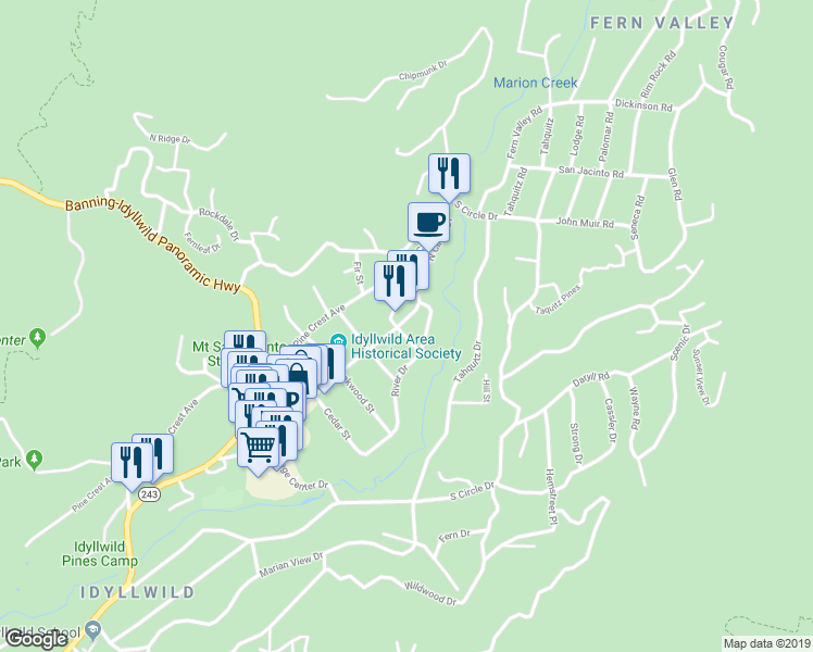 map of restaurants, bars, coffee shops, grocery stores, and more near 25740 Fir Street in Idyllwild-Pine Cove