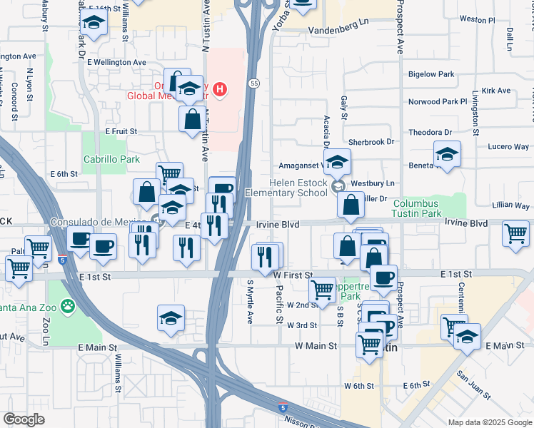 map of restaurants, bars, coffee shops, grocery stores, and more near 11611 Irvine Boulevard in Tustin