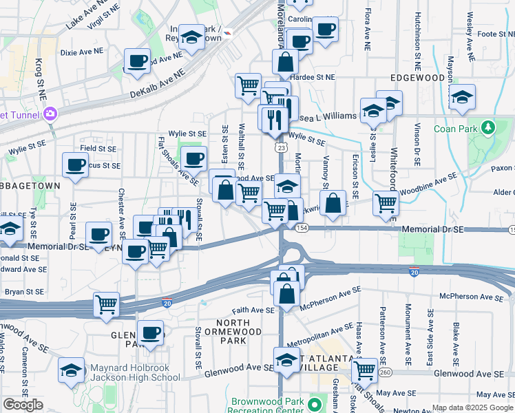 map of restaurants, bars, coffee shops, grocery stores, and more near 183 Cleveland Street Southeast in Atlanta