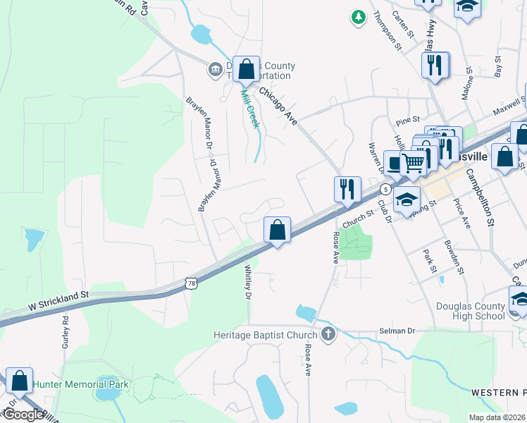 map of restaurants, bars, coffee shops, grocery stores, and more near 7015 West Strickland Street in Douglasville