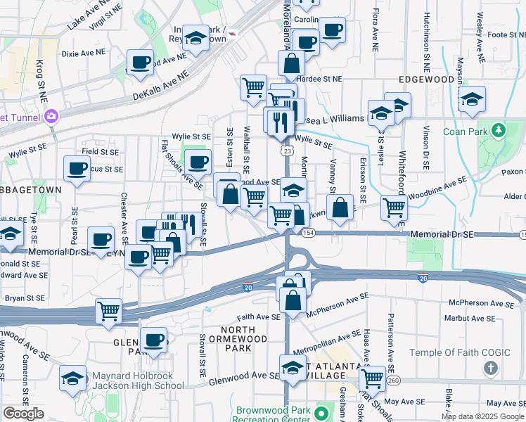 map of restaurants, bars, coffee shops, grocery stores, and more near 187 Cleveland Street Southeast in Atlanta
