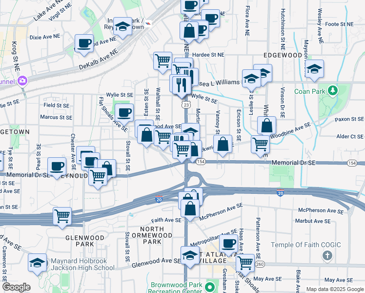 map of restaurants, bars, coffee shops, grocery stores, and more near 175 Moreland Avenue Southeast in Atlanta