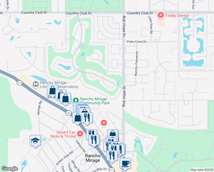 map of restaurants, bars, coffee shops, grocery stores, and more near 28 Malaga Drive in Rancho Mirage
