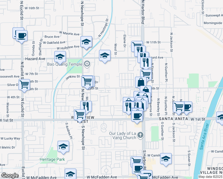 map of restaurants, bars, coffee shops, grocery stores, and more near 413 Summer Lane in Santa Ana