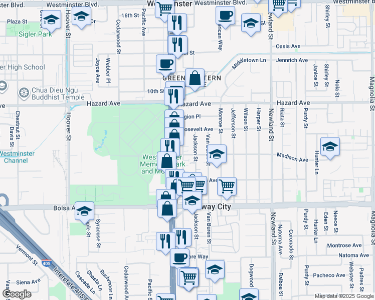 map of restaurants, bars, coffee shops, grocery stores, and more near 14732 Adams Street in Midway City