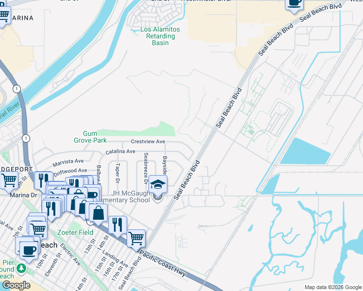 map of restaurants, bars, coffee shops, grocery stores, and more near 1725 Catalina Avenue in Seal Beach