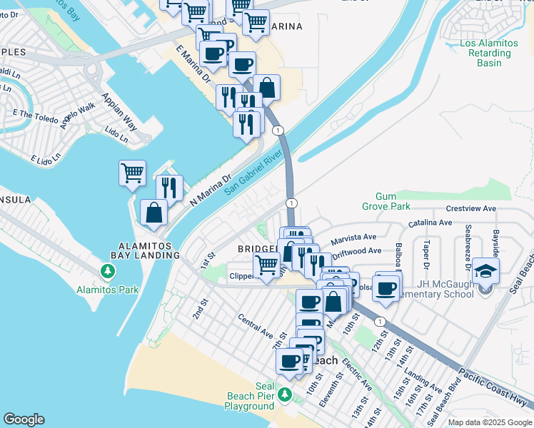 map of restaurants, bars, coffee shops, grocery stores, and more near 505 Galleon Way in Seal Beach