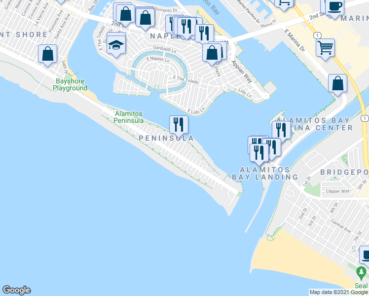 map of restaurants, bars, coffee shops, grocery stores, and more near 53 63rd Place in Long Beach