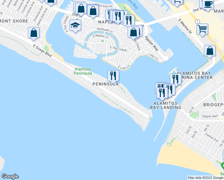 map of restaurants, bars, coffee shops, grocery stores, and more near 54 62nd Place in Long Beach