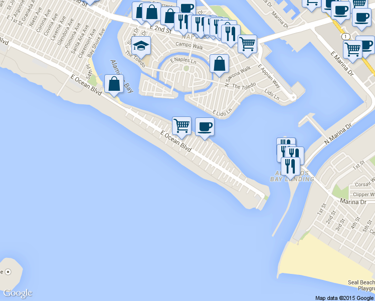 map of restaurants, bars, coffee shops, grocery stores, and more near in Long Beach