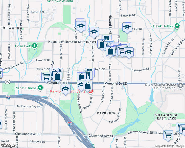 map of restaurants, bars, coffee shops, grocery stores, and more near 172 Dearborn Street Southeast in Atlanta