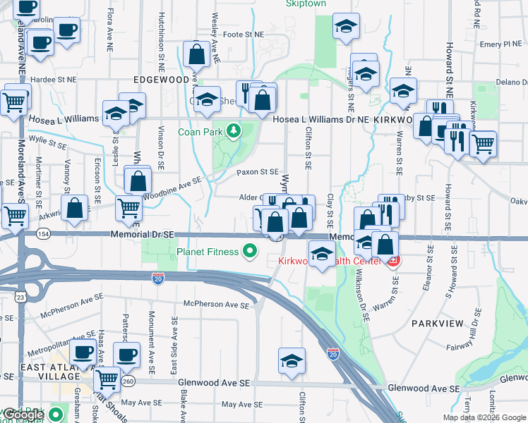 map of restaurants, bars, coffee shops, grocery stores, and more near 1524 Stone Gate Lane Southeast in Atlanta