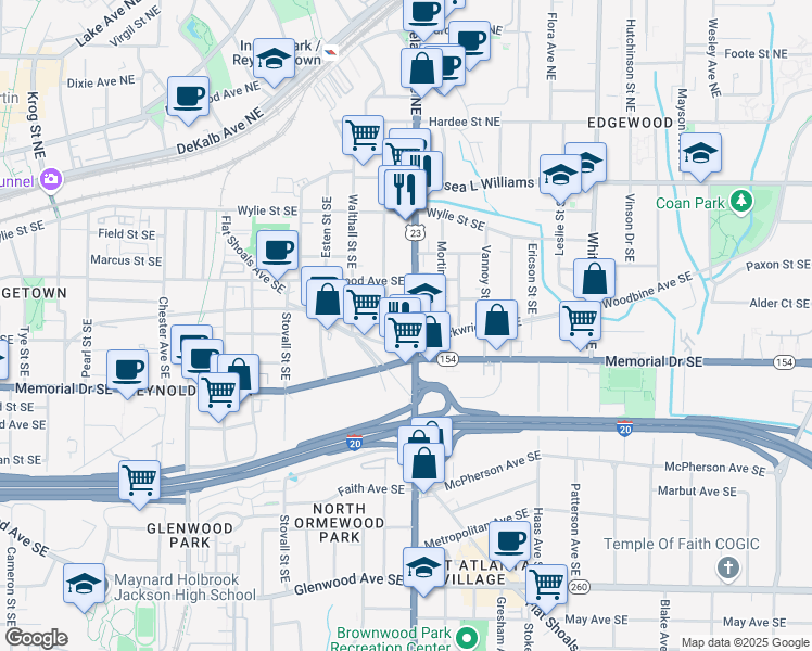 map of restaurants, bars, coffee shops, grocery stores, and more near 175 Moreland Avenue Southeast in Atlanta
