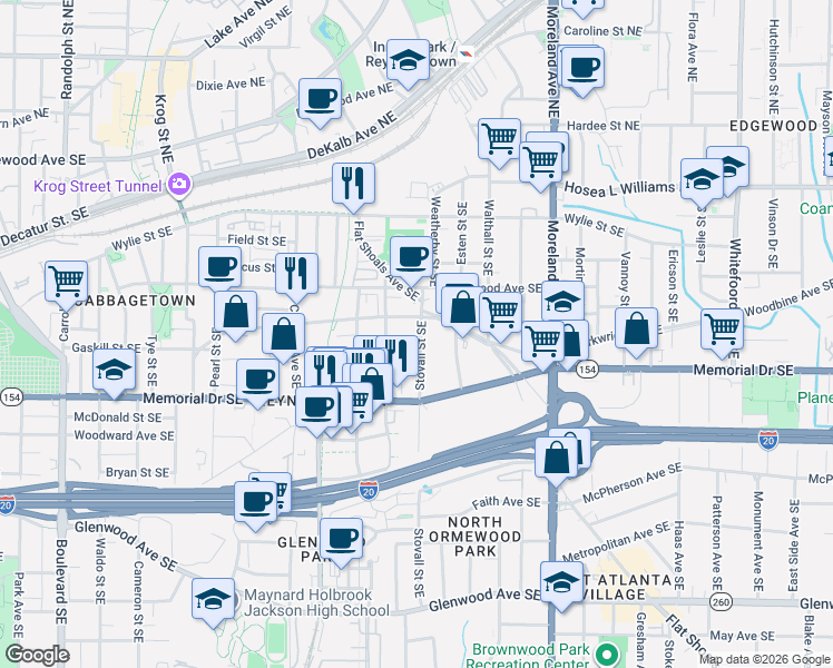 map of restaurants, bars, coffee shops, grocery stores, and more near 194 Stovall Street Southeast in Atlanta
