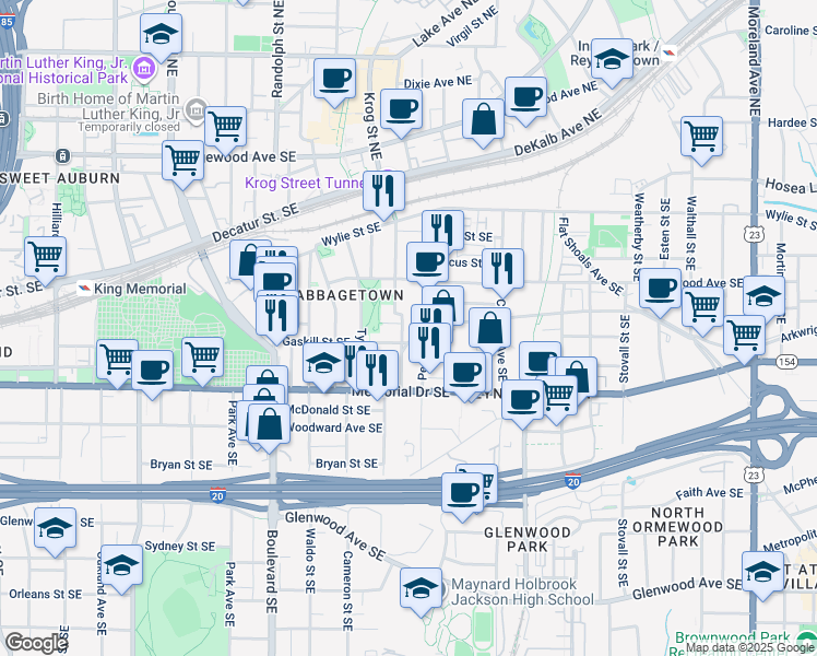 map of restaurants, bars, coffee shops, grocery stores, and more near 214 Estoria Street Southeast in Atlanta