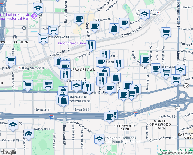 map of restaurants, bars, coffee shops, grocery stores, and more near 218 Estoria Street Southeast in Atlanta
