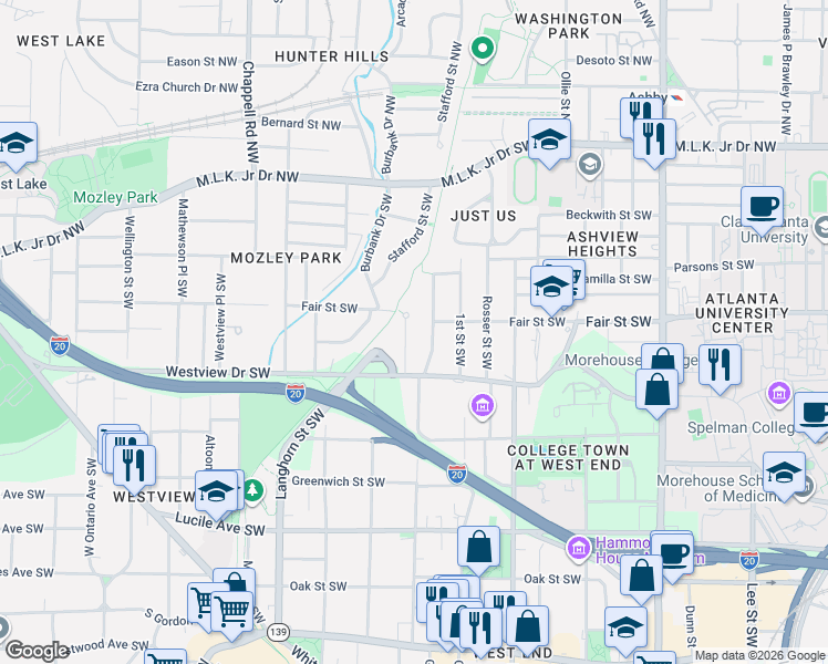 map of restaurants, bars, coffee shops, grocery stores, and more near 229 Napoleon Drive Southwest in Atlanta