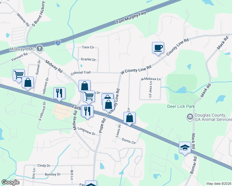 map of restaurants, bars, coffee shops, grocery stores, and more near 2107 West County Line Road in Douglasville