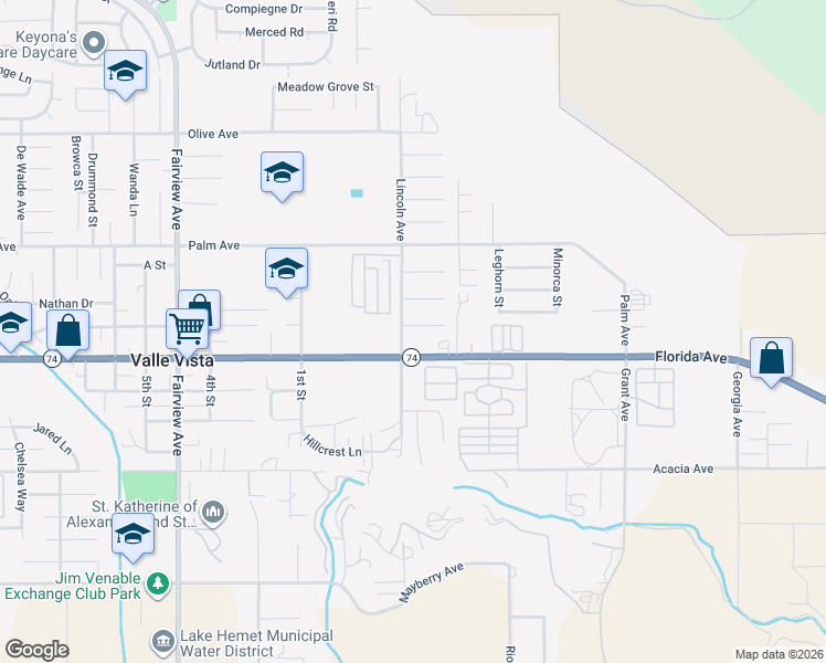 map of restaurants, bars, coffee shops, grocery stores, and more near 44551 Stewart Way in Hemet