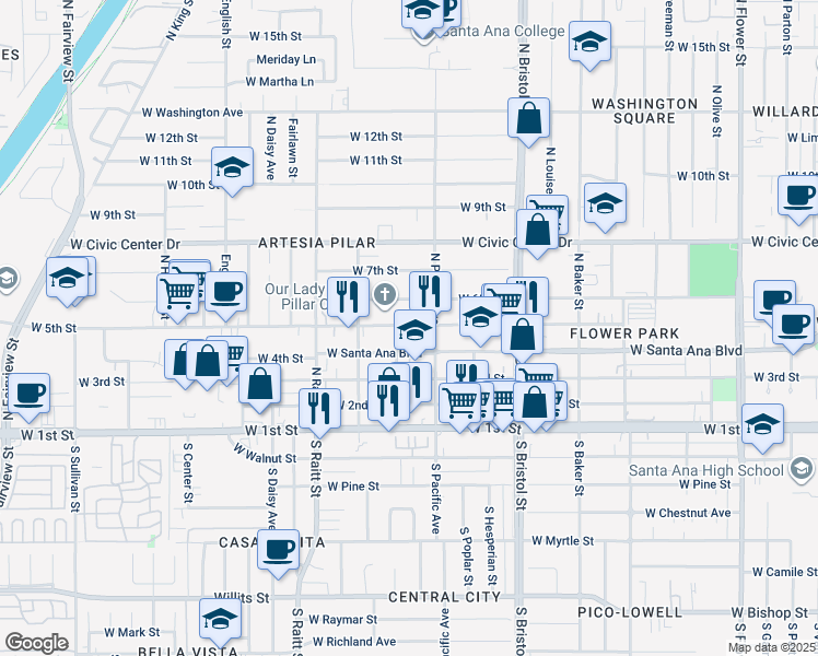 map of restaurants, bars, coffee shops, grocery stores, and more near 1524 West 5th Street in Santa Ana