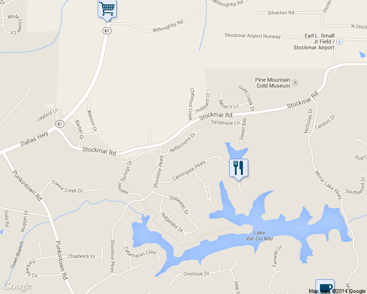 map of restaurants, bars, coffee shops, grocery stores, and more near 9821 Reflections Drive in Villa Rica