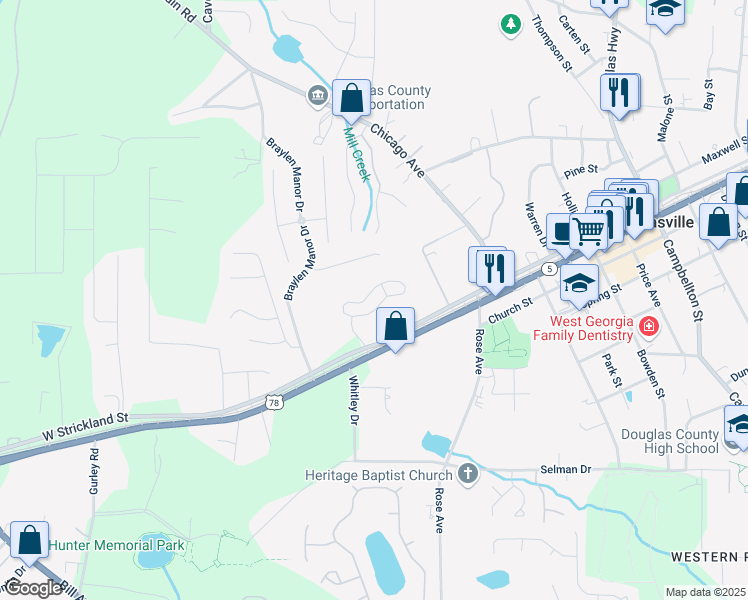 map of restaurants, bars, coffee shops, grocery stores, and more near 7101 West Strickland Street in Douglasville
