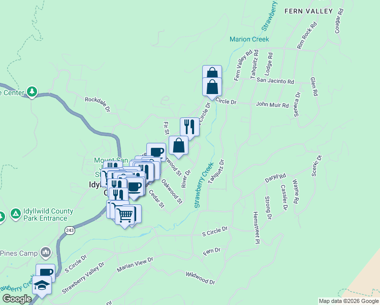 map of restaurants, bars, coffee shops, grocery stores, and more near 25740 Fir Street in Idyllwild-Pine Cove