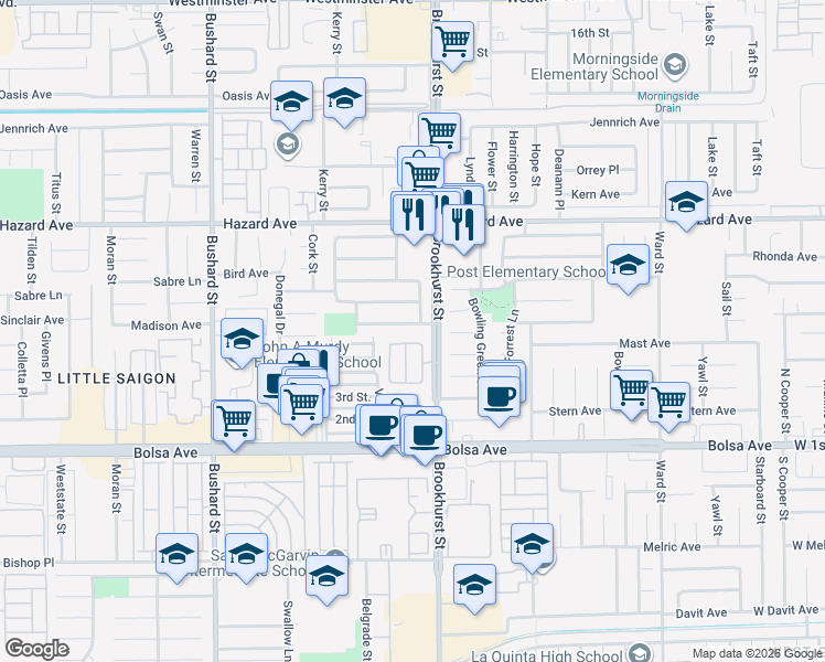 map of restaurants, bars, coffee shops, grocery stores, and more near 9932 Newcastle Avenue in Westminster
