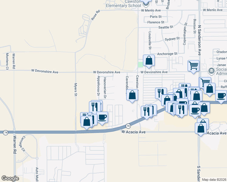map of restaurants, bars, coffee shops, grocery stores, and more near 4424 Fox Trot Circle in Hemet