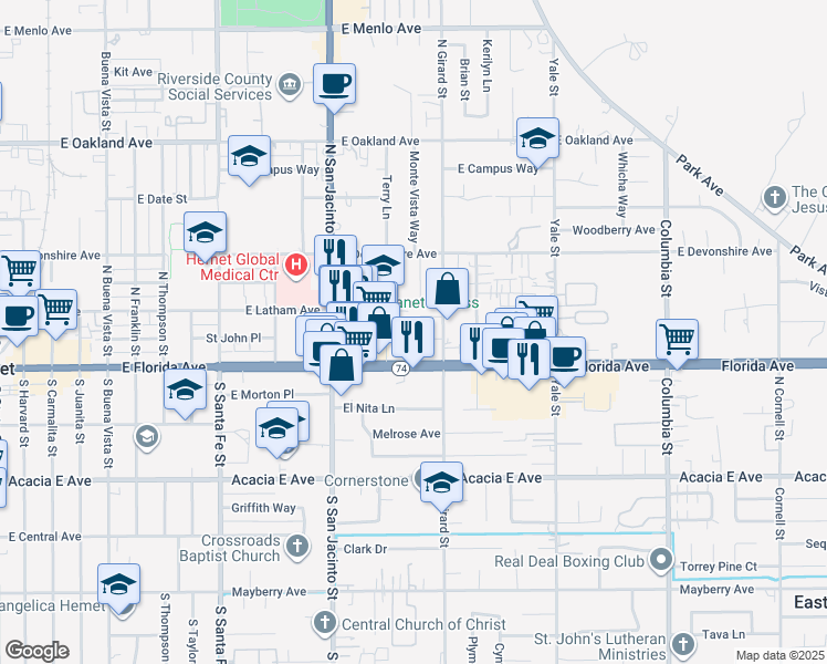 map of restaurants, bars, coffee shops, grocery stores, and more near 25641 North Girard Street in Hemet
