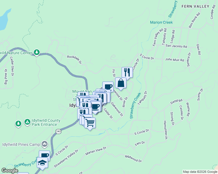 map of restaurants, bars, coffee shops, grocery stores, and more near 25675 Alderwood Street in Idyllwild-Pine Cove