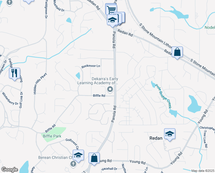map of restaurants, bars, coffee shops, grocery stores, and more near 1480 Smokehouse Lane in Stone Mountain