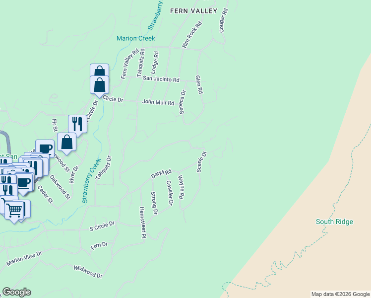 map of restaurants, bars, coffee shops, grocery stores, and more near 55280 Circle Way in Idyllwild-Pine Cove