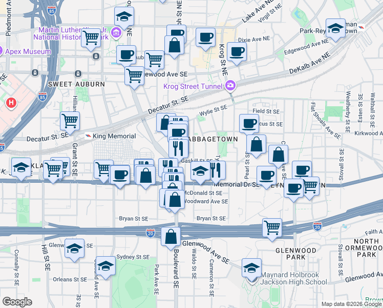 map of restaurants, bars, coffee shops, grocery stores, and more near in Atlanta