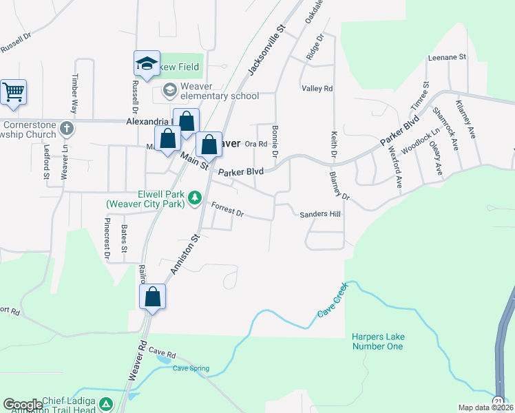 map of restaurants, bars, coffee shops, grocery stores, and more near 203 Sanders Hill Drive in Weaver