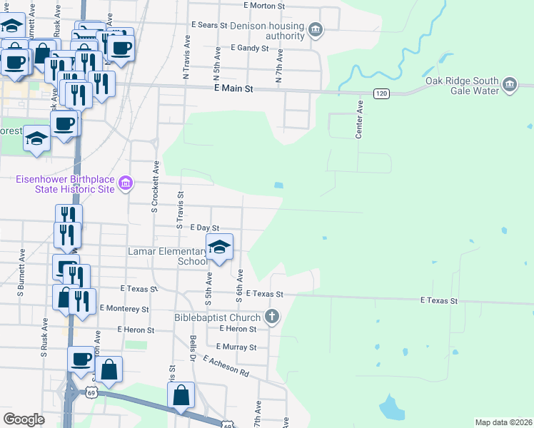 map of restaurants, bars, coffee shops, grocery stores, and more near 620 East Shepherd Street in Denison
