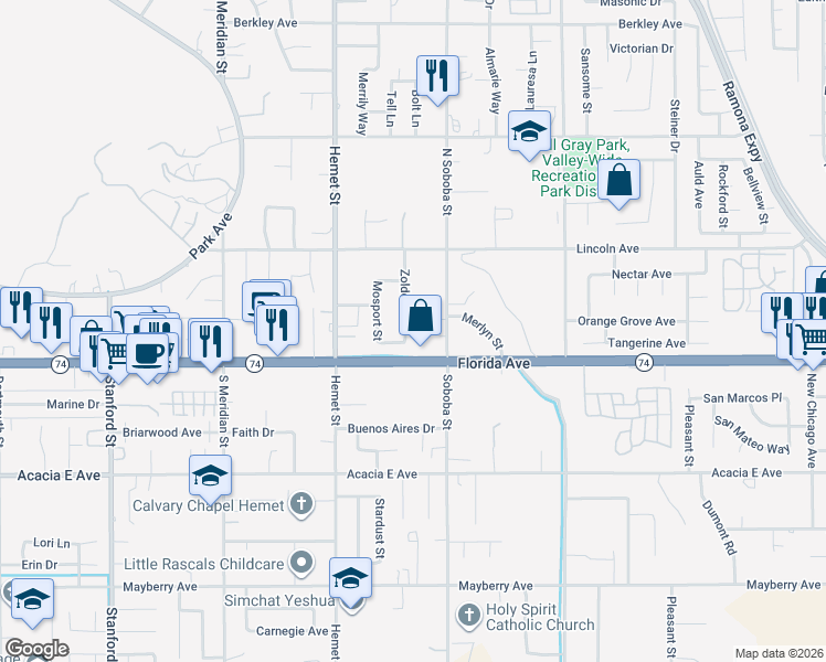 map of restaurants, bars, coffee shops, grocery stores, and more near 144 Zolder Street in Hemet