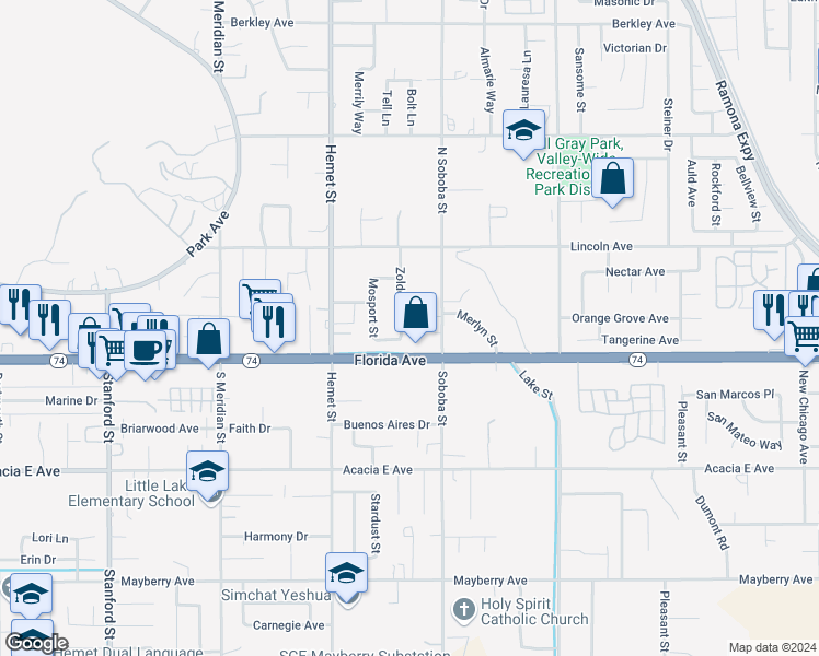 map of restaurants, bars, coffee shops, grocery stores, and more near 144 Zolder Street in Hemet