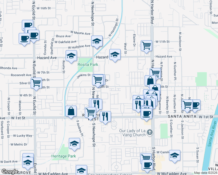 map of restaurants, bars, coffee shops, grocery stores, and more near 4248 West 5th Street in Santa Ana