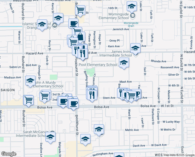 map of restaurants, bars, coffee shops, grocery stores, and more near 10261 Mast Avenue in Westminster