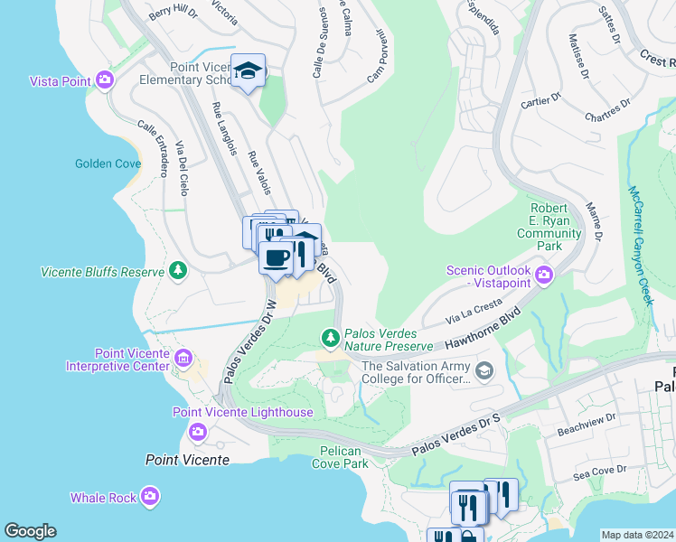 map of restaurants, bars, coffee shops, grocery stores, and more near 7080 Vía Del Mar in Rancho Palos Verdes
