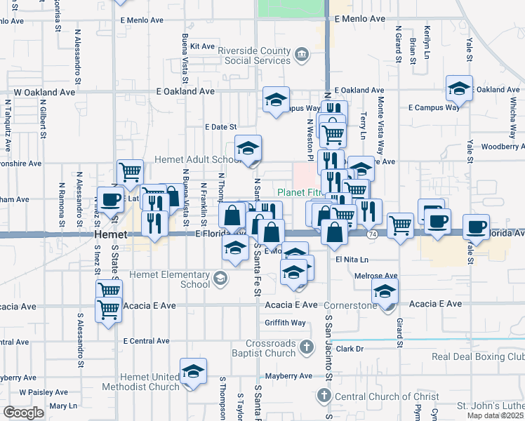 map of restaurants, bars, coffee shops, grocery stores, and more near 118 North Santa Fe Street in Hemet
