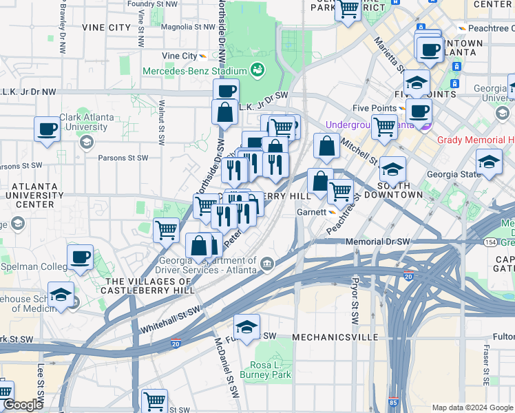map of restaurants, bars, coffee shops, grocery stores, and more near 215 Peters Street Southwest in Atlanta