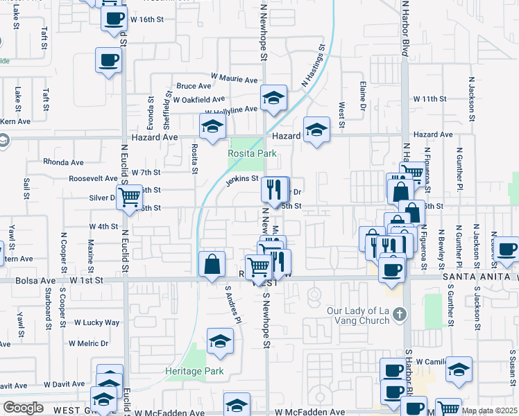 map of restaurants, bars, coffee shops, grocery stores, and more near 4510 West 5th Street in Santa Ana