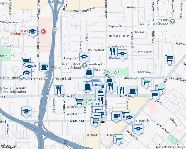 map of restaurants, bars, coffee shops, grocery stores, and more near 17621 Irvine Boulevard in Tustin