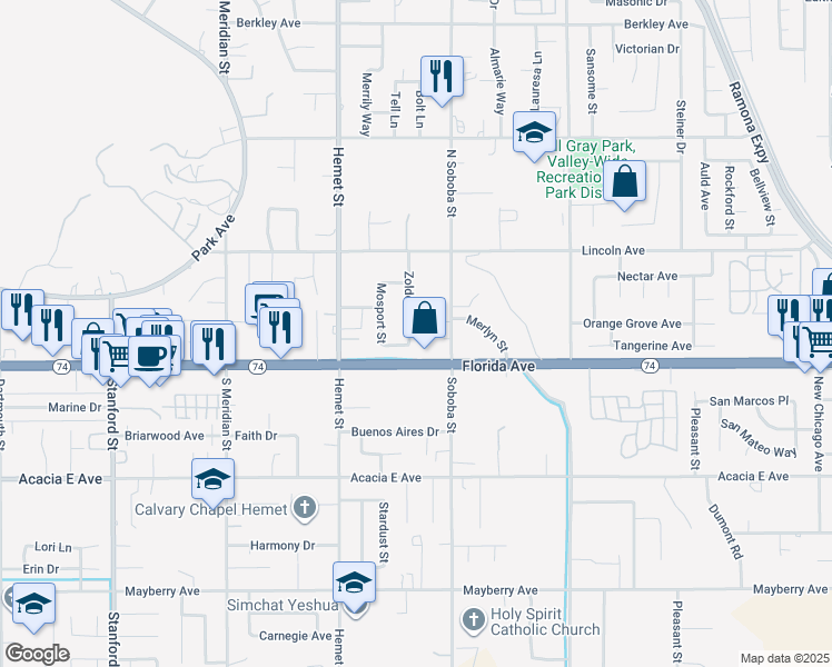 map of restaurants, bars, coffee shops, grocery stores, and more near 144 Zolder Street in Hemet