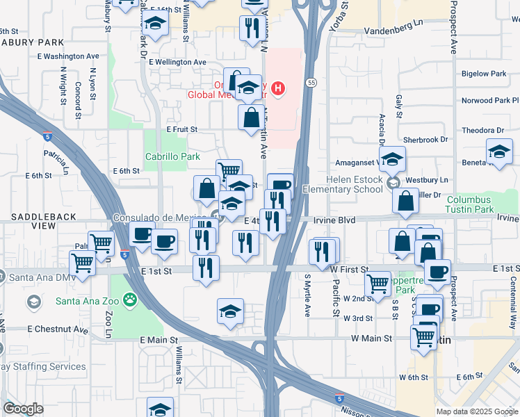 map of restaurants, bars, coffee shops, grocery stores, and more near 401 North Tustin Avenue in Santa Ana