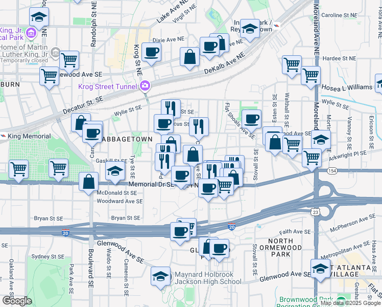 map of restaurants, bars, coffee shops, grocery stores, and more near 215 Chester Avenue Southeast in Atlanta