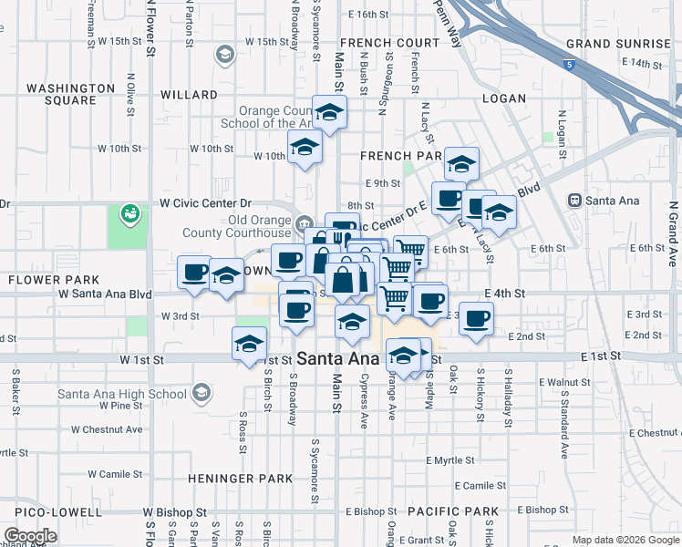 map of restaurants, bars, coffee shops, grocery stores, and more near 421 North Main Street in Santa Ana