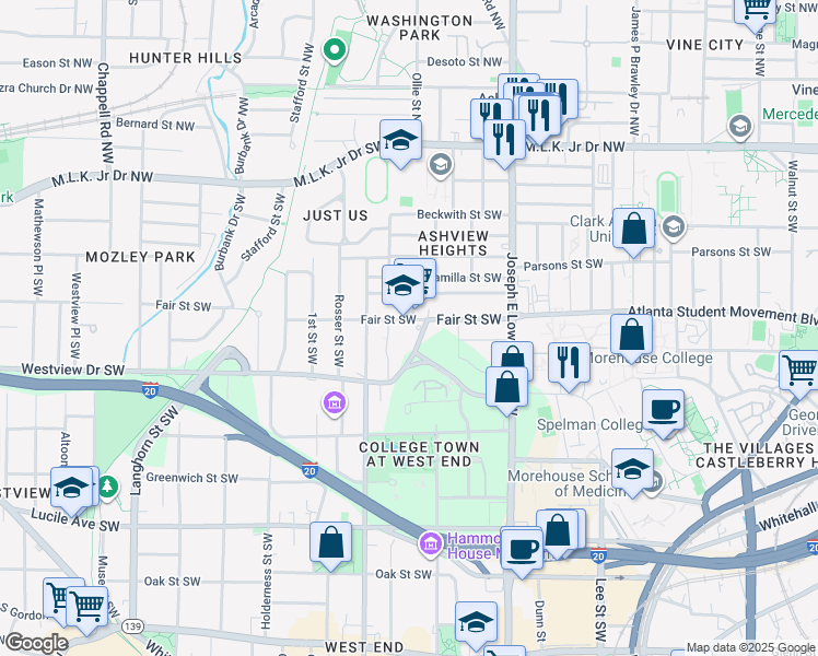 map of restaurants, bars, coffee shops, grocery stores, and more near 1040 Fair Street Southwest in Atlanta